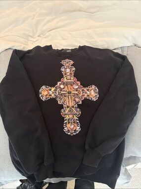 Aritzia Black Crewneck Sweater with Jeweled Cross Graphic